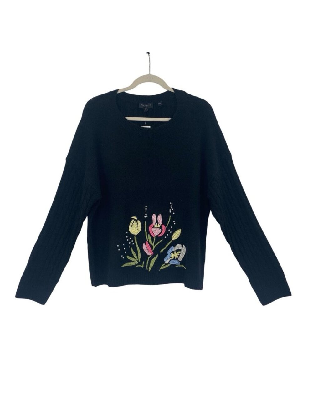 Ted Baker London Sz Large Black Embroidered Floral Cable Knit Sweater MSRP $185